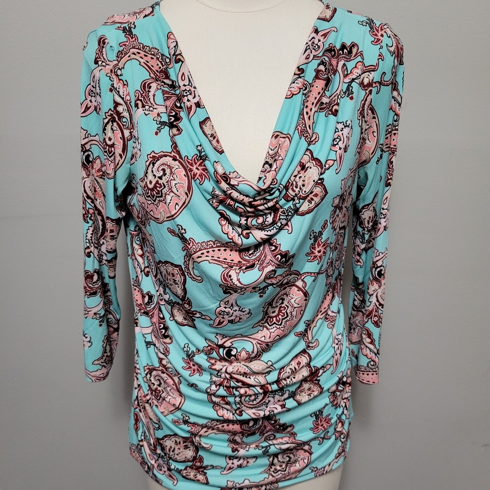NY&CO 7th Ave teal paisley drape neck ruched blouse size small